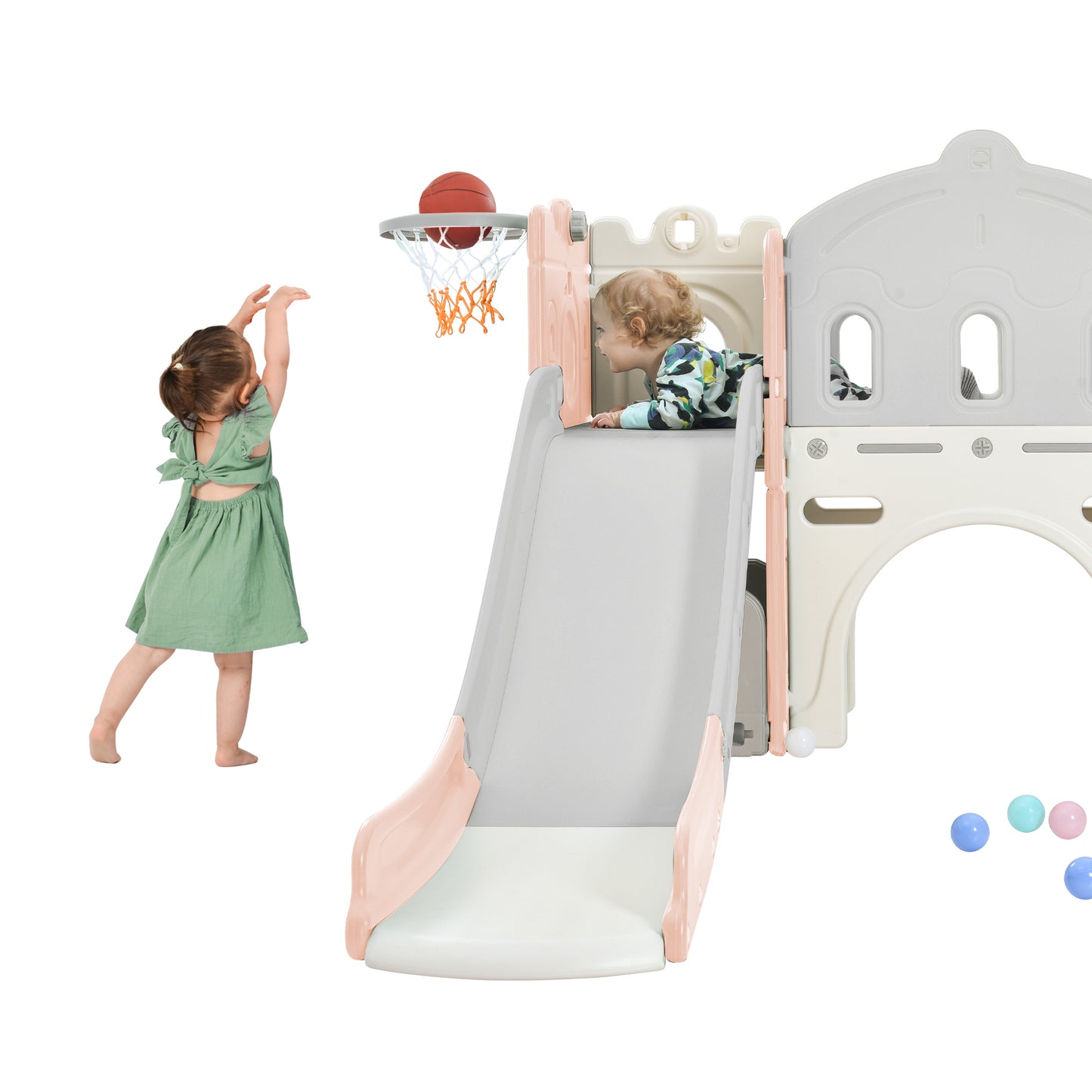 Kids Slide Playset Structure, Freestanding Castle Climber with Slide and Basketball Hoop, Toy Storage Organizer for Toddlers, Kids Climbers Playhouse for Indoor Outdoor Playground Activity