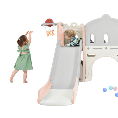 Kids Slide Playset Structure, Freestanding Castle Climber with Slide and Basketball Hoop, Toy Storage Organizer for Toddlers, Kids Climbers Playhouse for Indoor Outdoor Playground Activity