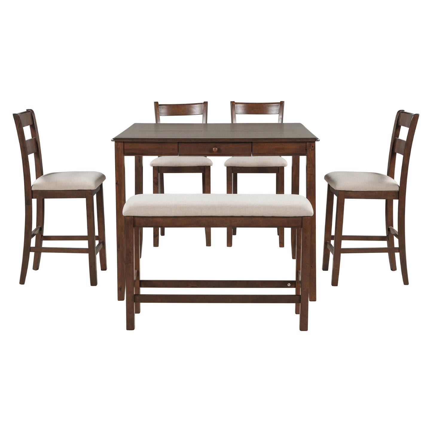 TOPMAX Wood 6-Piece Dining Table Set with Storage Drawer, Counter Height Square Kitchen Set with Upholstered Chair and Bench, Walnut