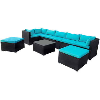 GO 9-piece Outdoor Patio PE Wicker Rattan conversation Sectional Sofa sets with 3 sofa, 3 corner sofa, 2 ottomans, and 1 glass coffee table, removable soft cushions (Black wicker, Blue cushion)