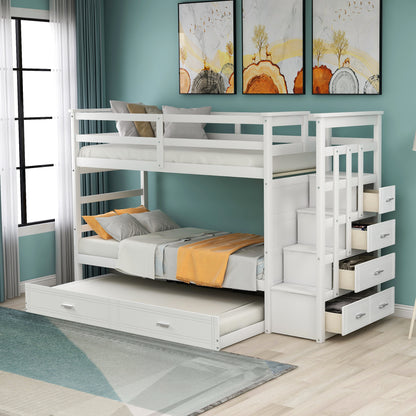 Solid Wood Bunk Bed, Hardwood Twin Over Twin Bunk Bed with Trundle and Staircase, Natural White Finish(OLD SKU :LP000068AAP)