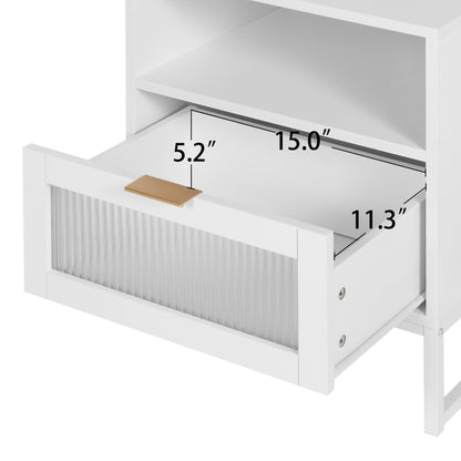 Nightstand with  LED Lights / Drawer, White Bedside Table for Bedroom