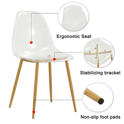 Modern simple transparent dining chair plastic chair armless crystal chair Nordic creative makeup stool negotiation chair Set of 4 and wood color metal leg