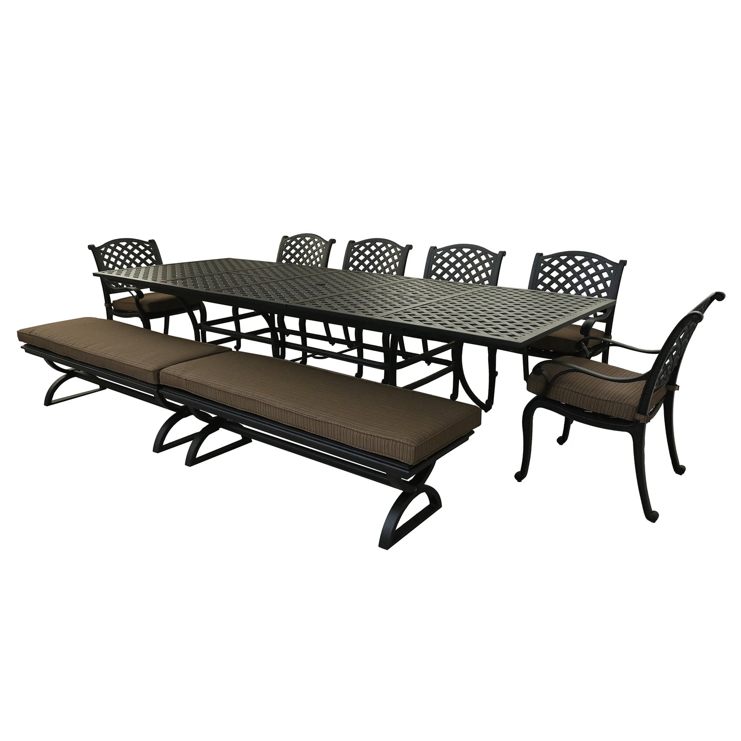 Rectangular 10 - Person 126.38" Long Aluminum Dining Set with Cushions, Dupione Brown