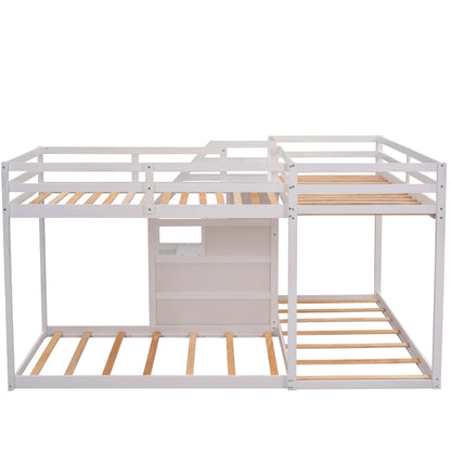 Twin over Twin L-Shaped Bunk Bed with Built-in Middle Staircase,White