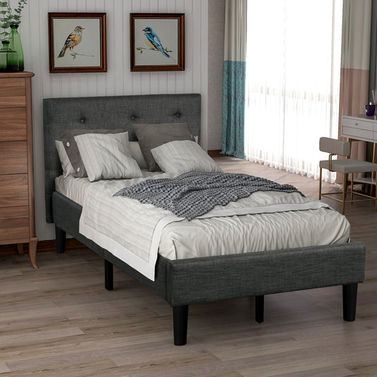 Upholstered Button Tufted Platform Bed with Strong Wood Slat Support (Twin, Gray)