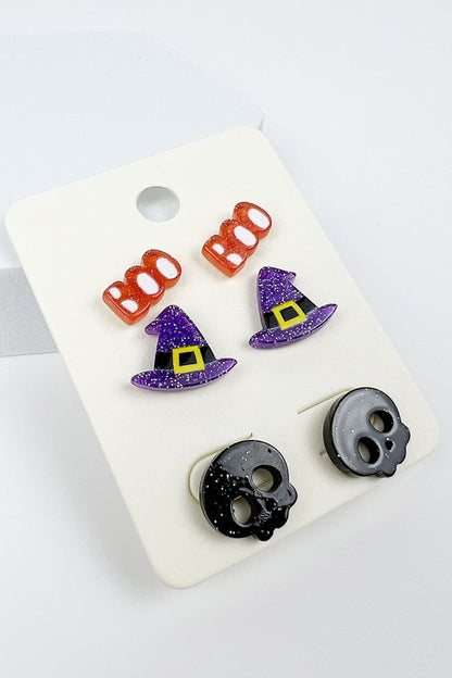 3 SET HALLOWEEN SKULL HAT ACRYLIC STUD EARRINGS