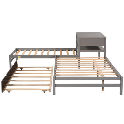 L-Shaped Full Size and Twin Size Platform Beds with Twin Size Trundle and Drawer Linked with Built-in Rectangle Table,Gray