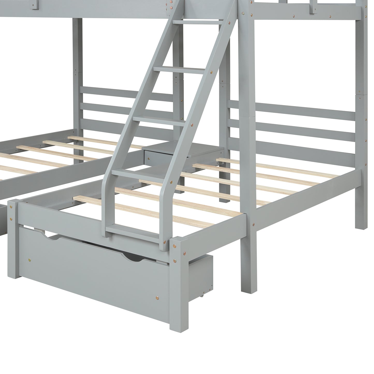 Solid Wood Full over  Twin & Twin Bunk Bed with 3 Storage Drawers, Grey (96.8”x79”x68.3”)