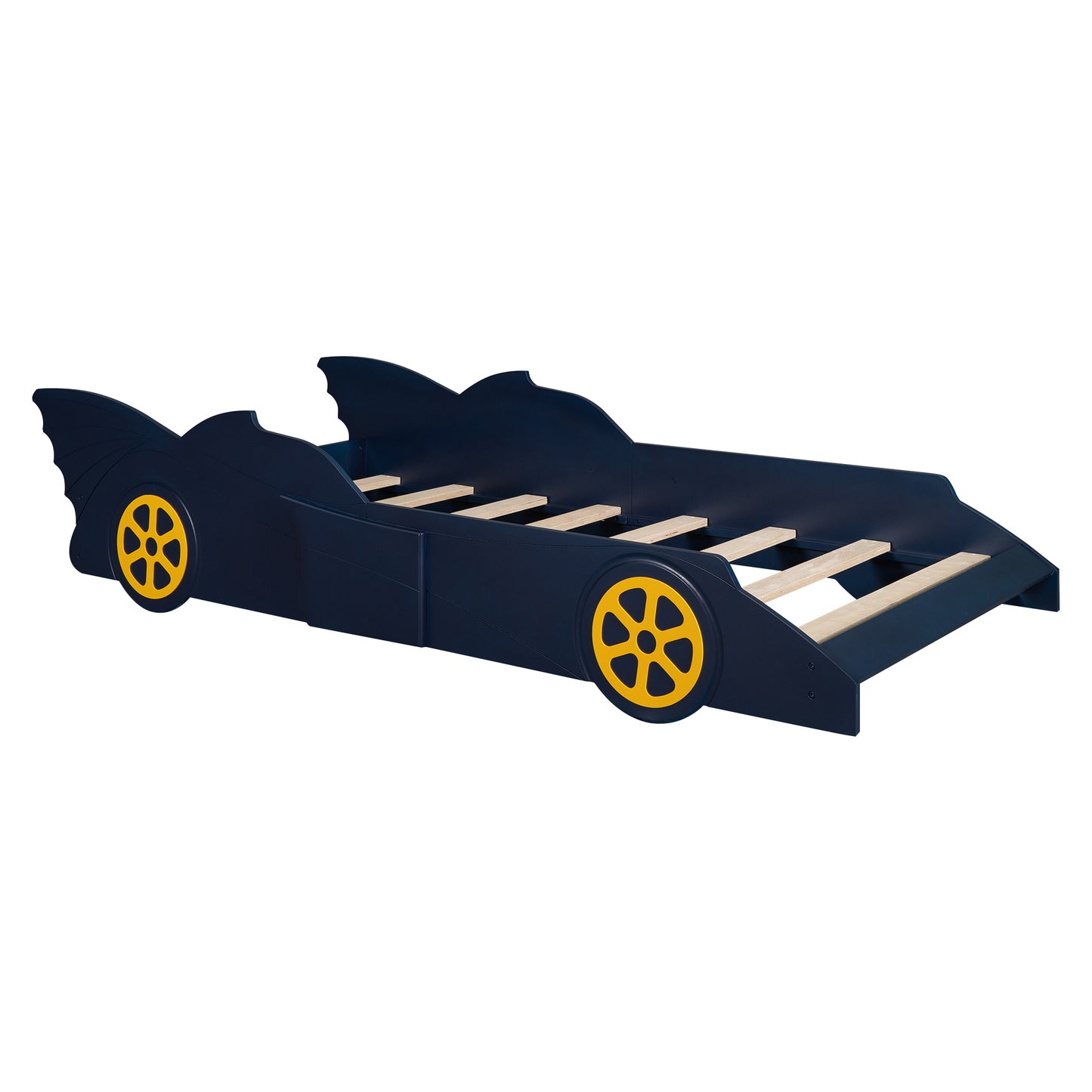 Twin Size Race Car-Shaped Platform Bed with Wheels,Blue+Yellow