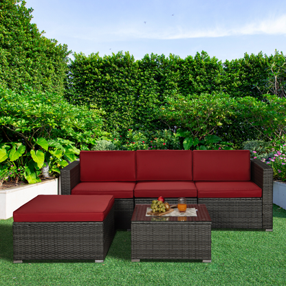 Outdoor Garden Patio Furniture 5-Piece Gray PE Rattan Wicker Sectional Red Cushioned Sofa Sets