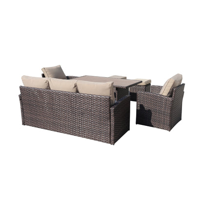 6-Piece Outdoor PE Rattan Sofa Set Patio Garden Wicker Dining and Coffee Sofa-Dark Brown