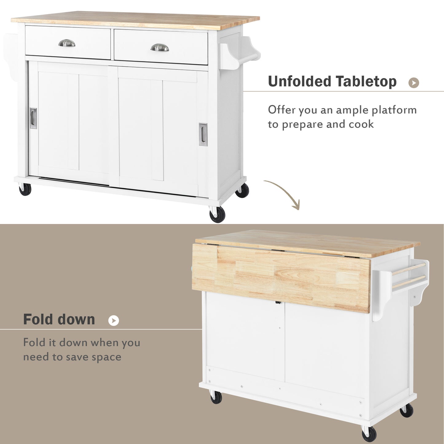 K&K Kitchen Cart with Rubber wood Drop-Leaf Countertop, Concealed sliding barn door adjustable height,Kitchen Island on 4 Wheels with Storage Cabinet and 2 Drawers,L52.2xW30.5xH36.6 inch, White