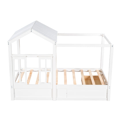 Twin Size House Bed with Roof, Window and Drawer - White