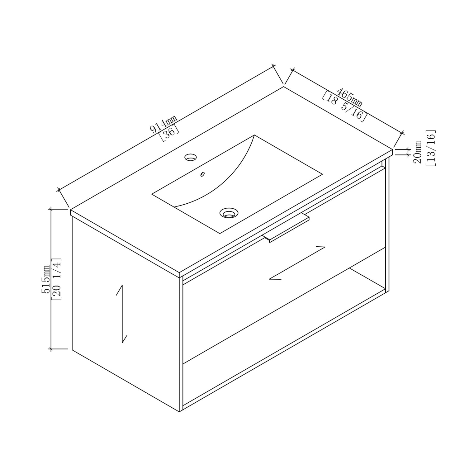 36 inches Bathroom Vanity with Integrated Ceramic Sink and Soft Close Drawer in White