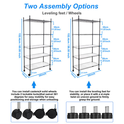 5 Tier Shelf Wire Shelving Unit, NSF Heavy Duty Wire Shelf Metal Large Storage Shelves Height Adjustable Utility for Garage Kitchen Office Commercial Shelving Steel Layer Shelf - Black