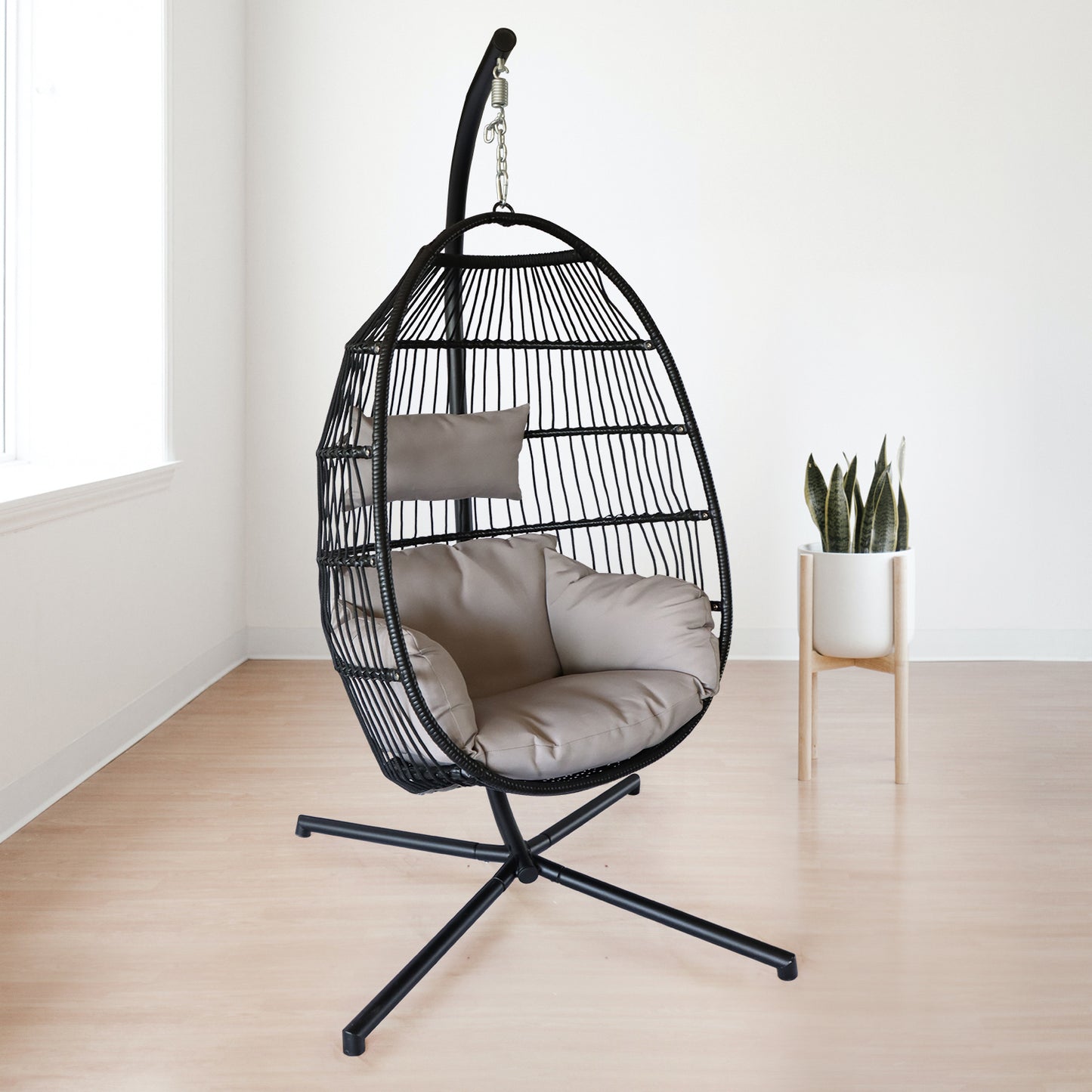 Hanging Egg Chair with Stand Outdoor Patio Swing Egg Chair Indoor Folding Egg Chair, Waterproof Cushion, Folding Rope Back, Heavy Duty C-Stand, 330LBS Capacity