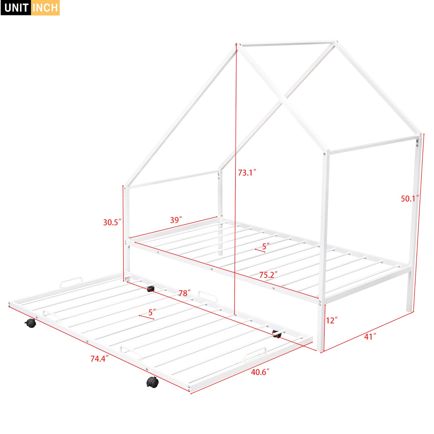 Metal House Bed With Trundle, Twin Size House Bed White