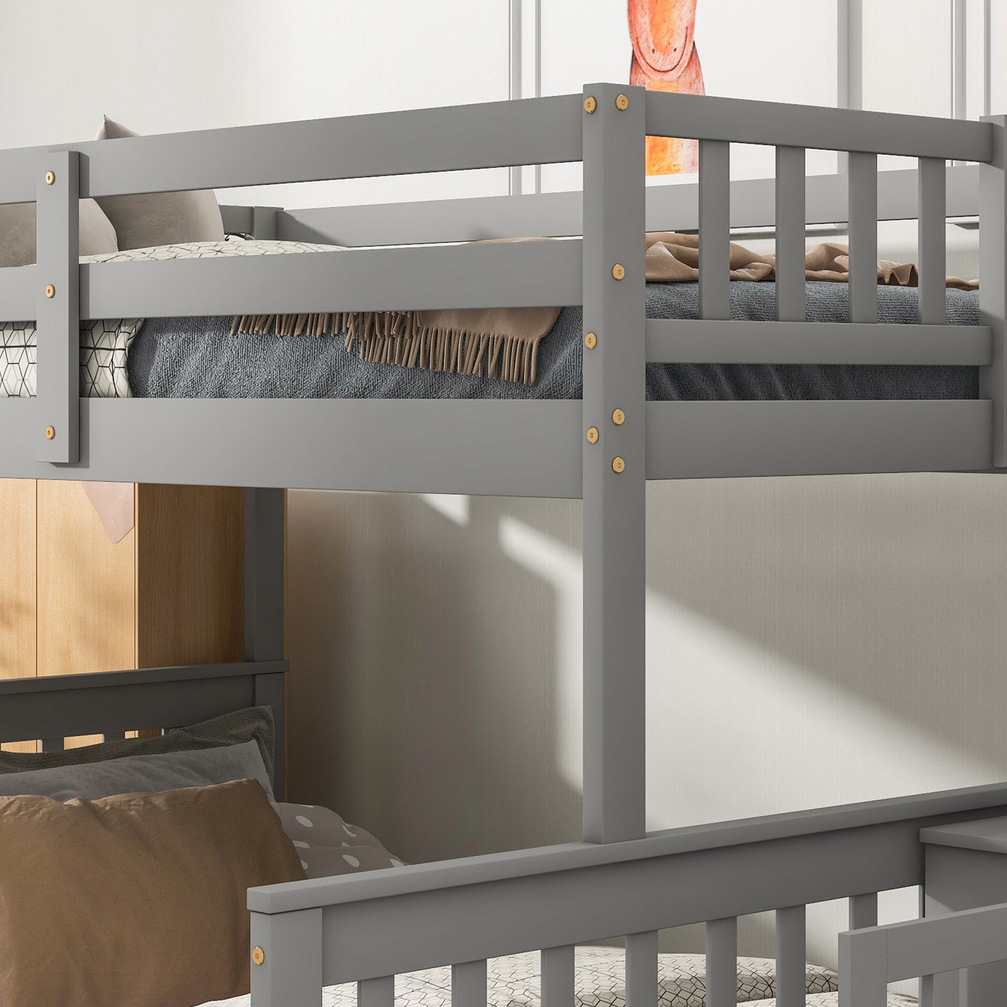 Twin Over Full Bunk Bed with 2 Drawers and Staircases, Convertible into 2 Beds, the Bunk Bed with Staircase and Safety Rails for Kids, Teens, Adults, Grey