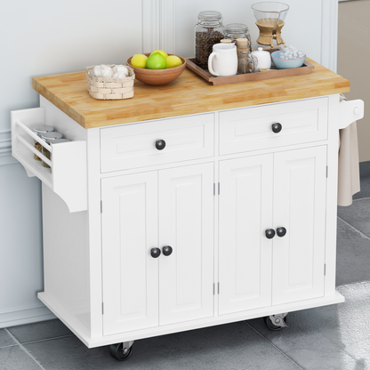 Kitchen Island Cart with Two Storage Cabinets and Two Locking Wheels，43.31 Inch Width，4 Door Cabinet and Two Drawers，Spice Rack, Towel Rack （White）