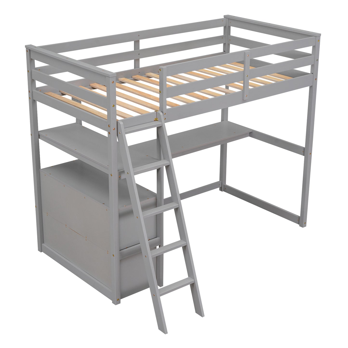 Twin Size Loft Bed with Desk and Shelves, Two Built-in Drawers, Gray(old SKU: GX000803AAE-1）