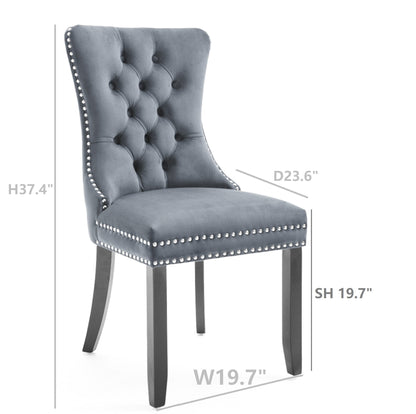 Upholstered Button Tufted Back Gray Velvet Dining Chair with Nailhead Trim and Solid Wood Legs 2 Sets