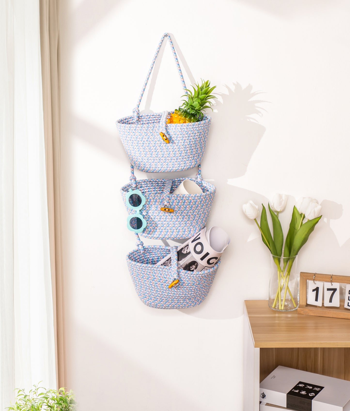 3-tier Wall Mount Hanging Organizer, Magazine Racks, Kitchen Hanging Baskets, Decorative Hanging Storage Basket for Living Room, Bathroom, Kitchen and Bedroom（20 pcs an carton）