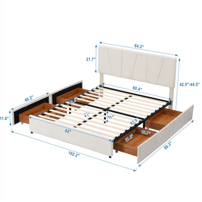 Queen Size Upholstery Platform Bed with Four Drawers on Two Sides,Adjustable Headboard,Beige