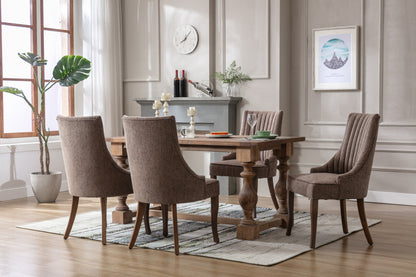 Exquisite Brown Linen Fabric Upholstered Strip Back Dining Chair with Solid Wood Legs 2 Pcs