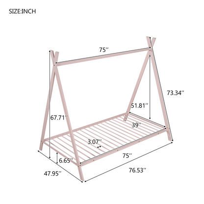 House Bed Tent Bed Frame Twin Size Metal Floor Play House Bed with Slat for Kids Girls Boys , No Box Spring Needed Pink