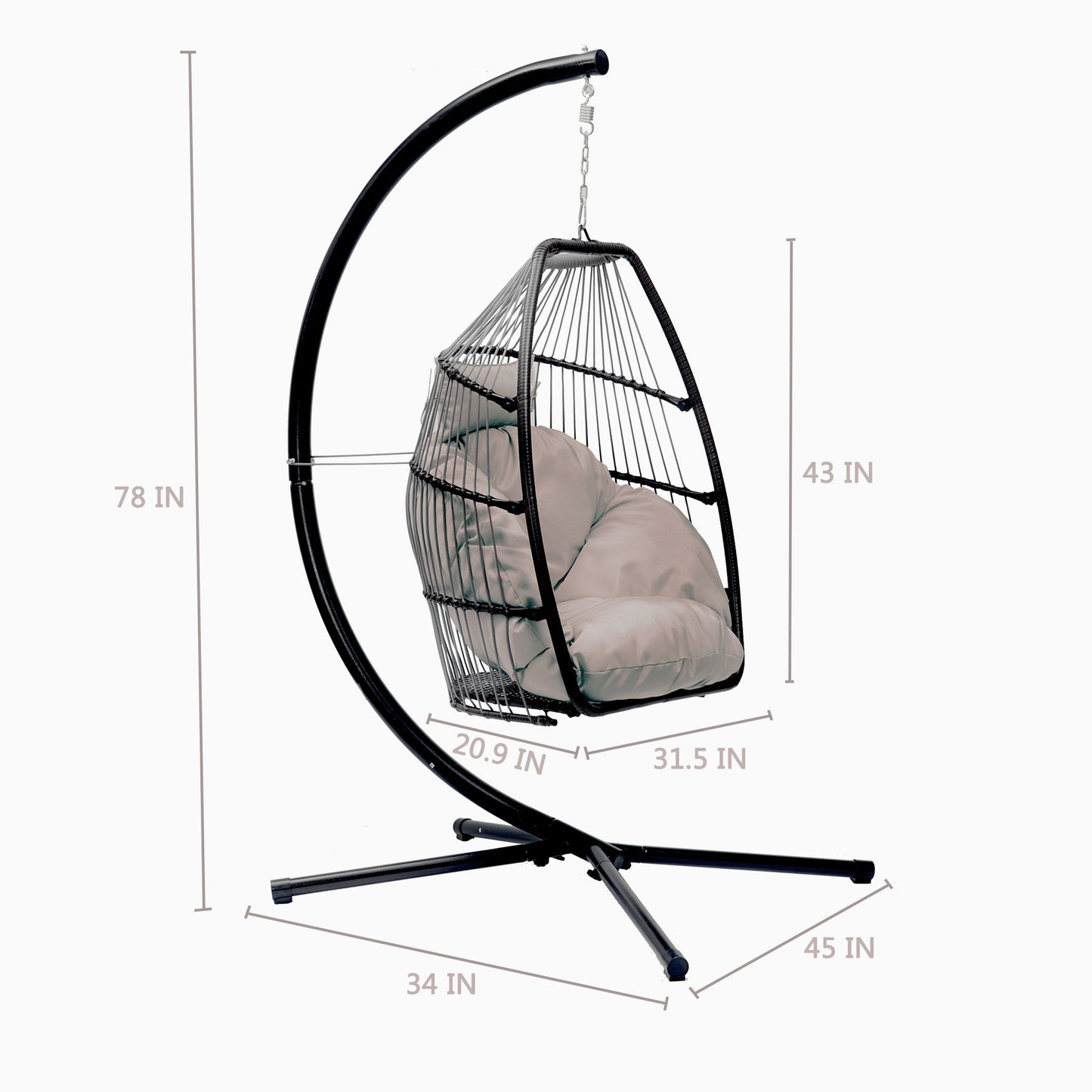 Outdoor Patio Wicker Folding Hanging Chair,Rattan Swing Hammock Egg Chair With C Type Bracket , With Cushion And Pillow