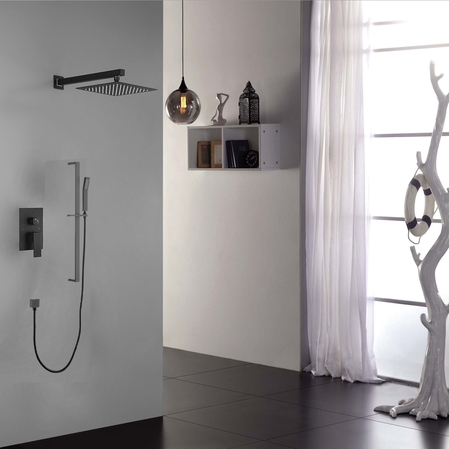 Shower System 12Inch Square Bathroom Luxury Rain Mixer Shower Combo Set Pressure Balanced Shower System with Shower Head, Hand Shower, Slide Bar, Shower Arm, Hose, and Valve Trim