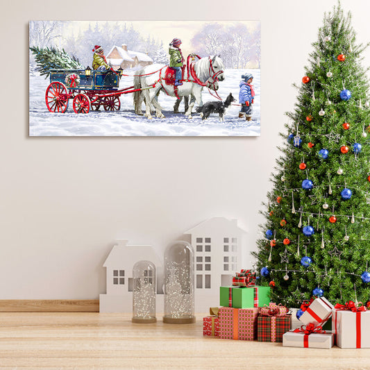 Framed Canvas Wall Art Decor Painting For Chrismas, Kids Riding White Horse Sledge Chrismas Gift Painting For Chrismas Gift, Decoration For Chrismas Eve Office Living Room, Bedroom Decor-Ready To Hang