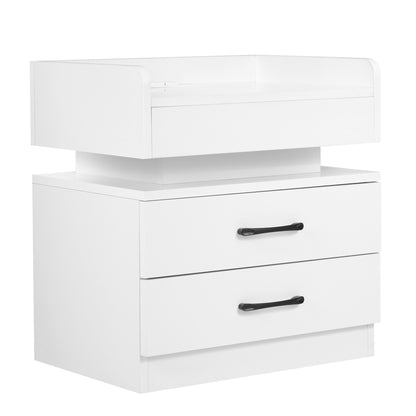 Nightstand with 2 Drawers,USB Charging Ports and Remote Control LED Light-White