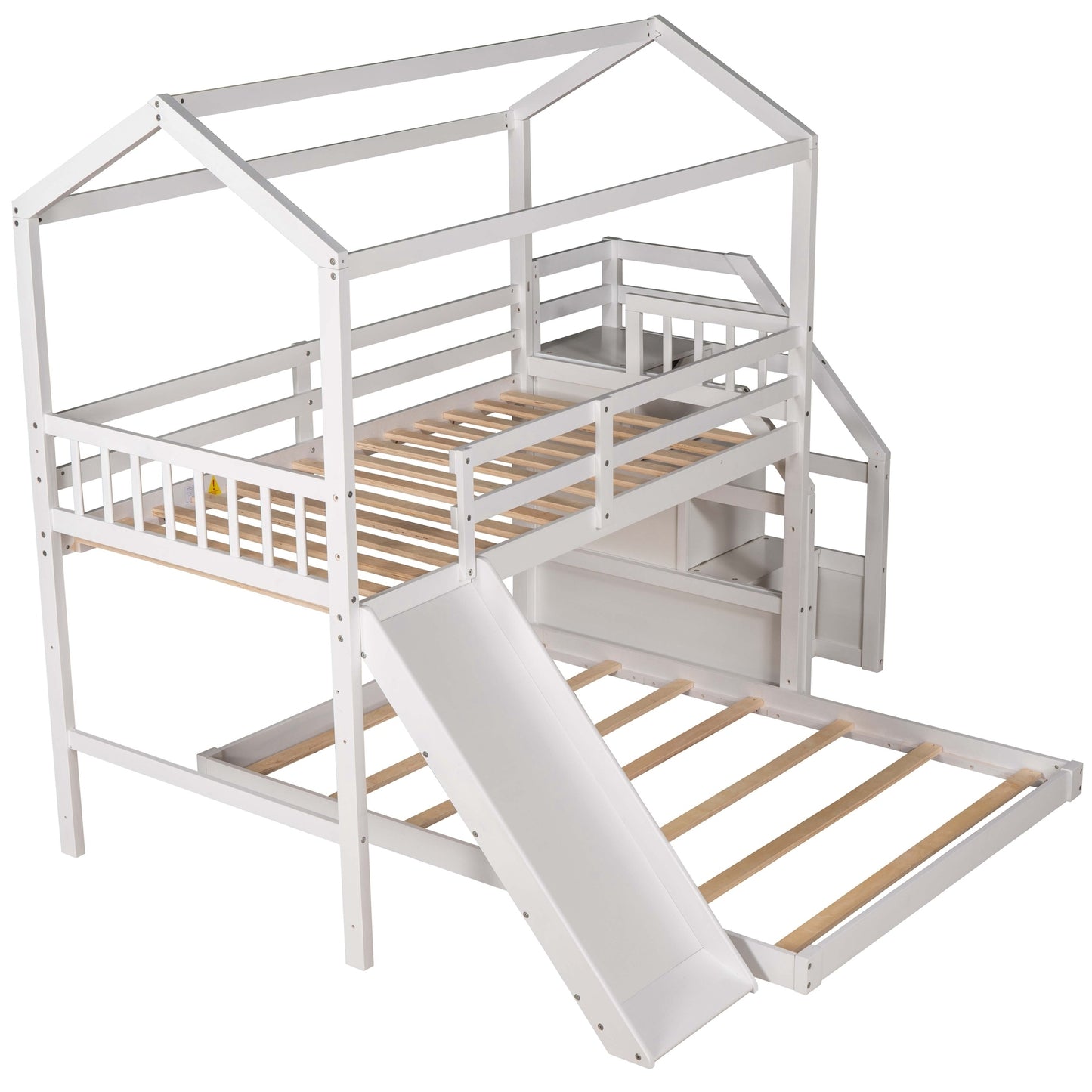 Twin over Full House Bunk Bed with Convertible Slide and Storage Staircase,Full-Length Guardrail,White