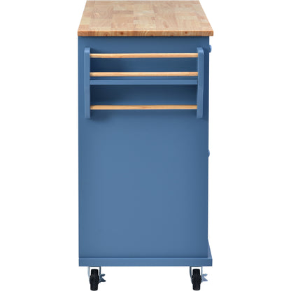 K&K kitchen cart with Rubber wood desktop rolling mobile kitchen island with storage and 5 draws 53 Inch width （Blue）