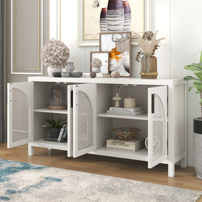 TREXM Large Storage Space Sideboard with Artificial Rattan Door and metal handles for Living Room and Entryway (White)