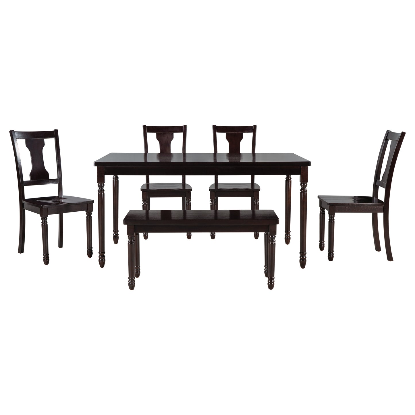 TREXM Classic Dining Set Wooden Table and 4 Chairs with Bench for Kitchen Dining Room, Espresso (Set of 6)