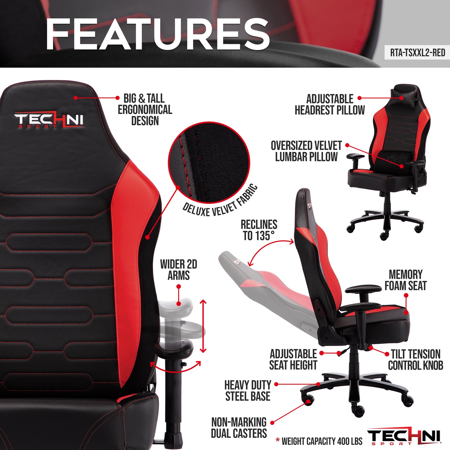 Techni Sport TS-XXL2 Office-PC XXL Gaming Chair, Red