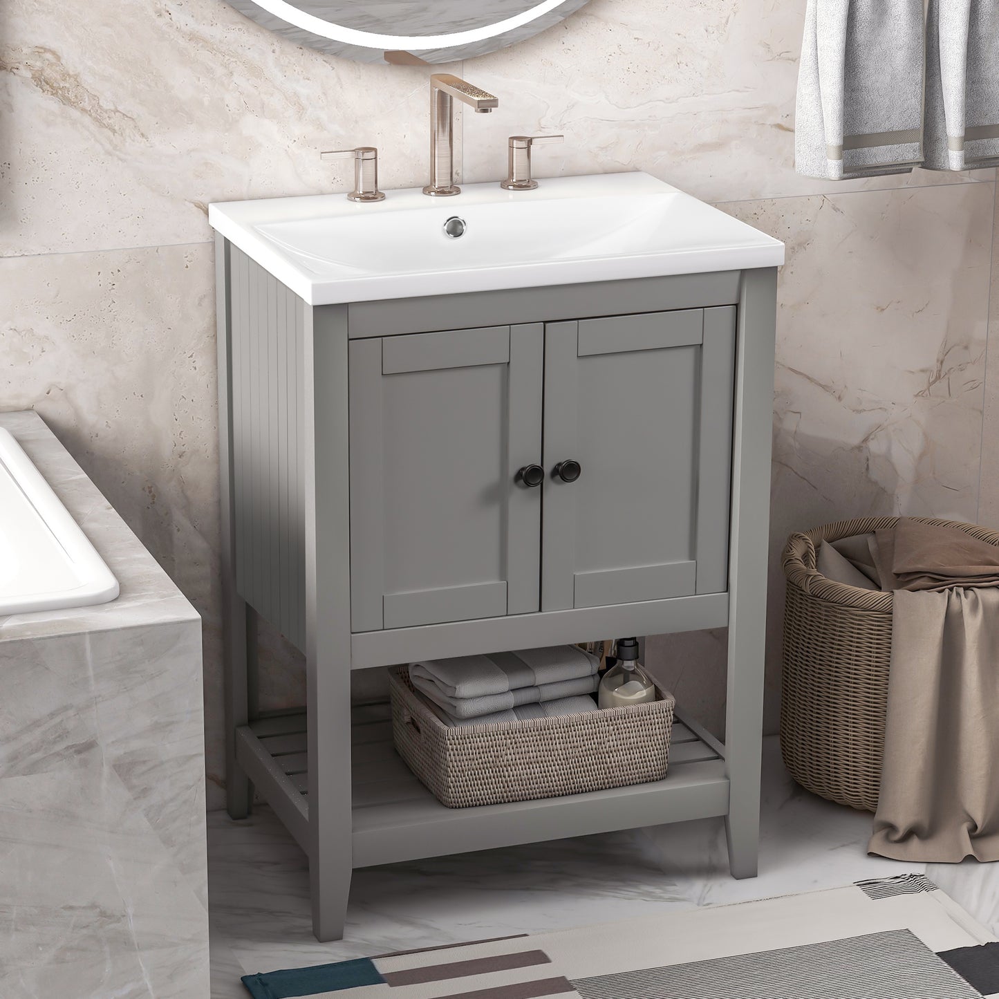 [VIDEO] 24" Grey Modern Sleek Bathroom Vanity Elegant Ceramic Sink with Solid Wood Frame Open Style Shelf (OLD SKU: JL000001AAE)