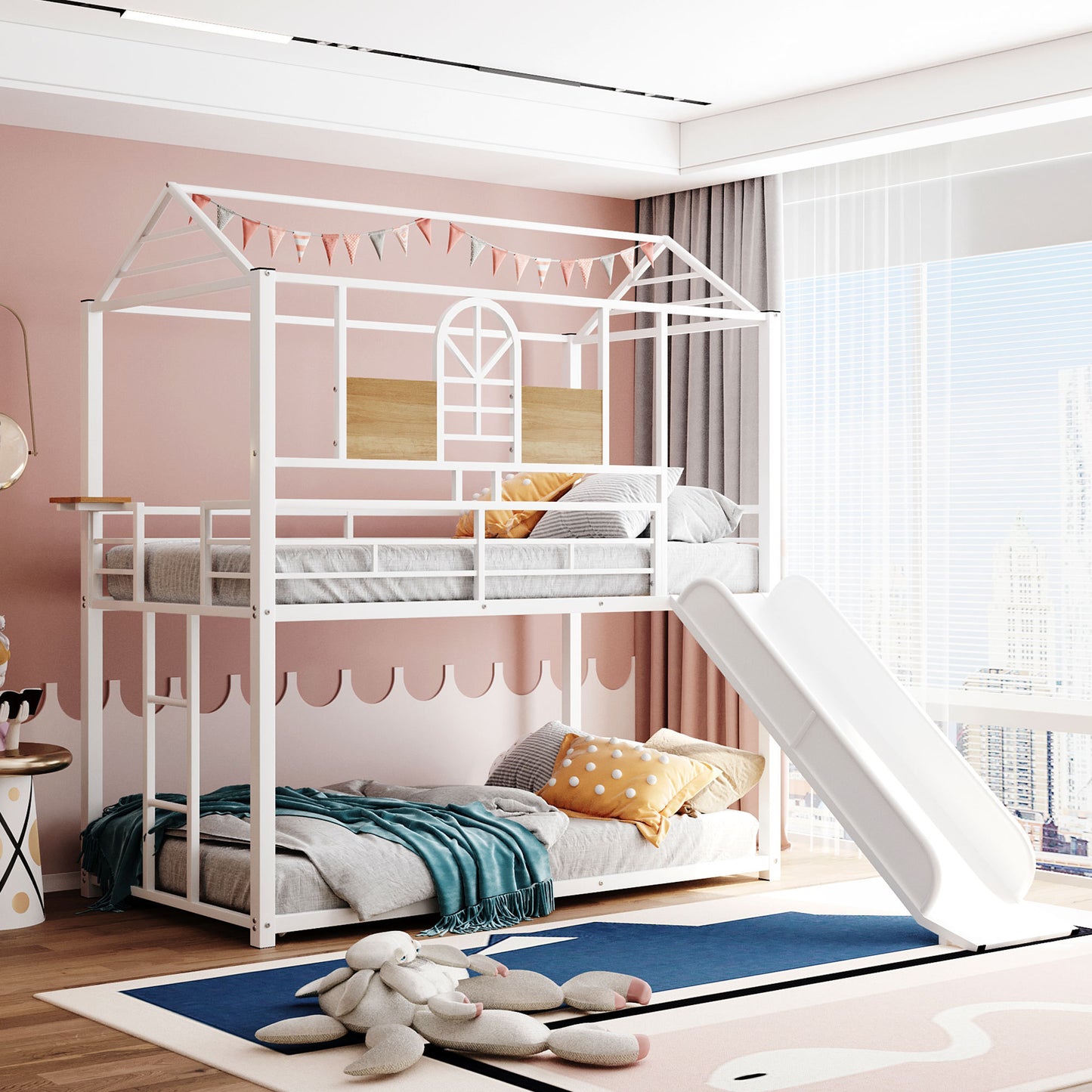 Twin Over Twin Metal Bunk Bed ,Metal Housebed With Slide,Three Colors Available.(White with White  Slide)(OLD SKU :LP000095AAK)