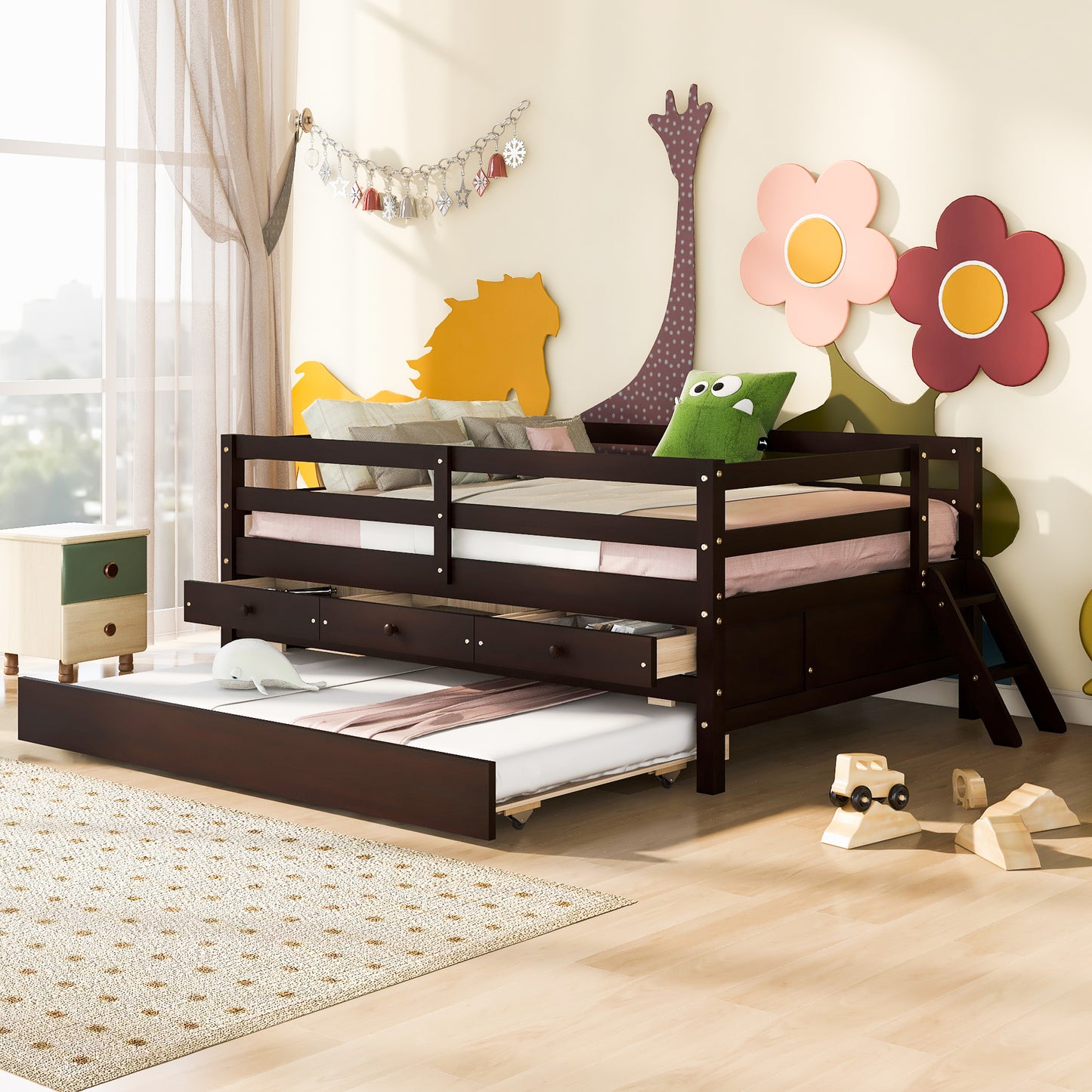 Low Loft Bed Full Size with Full Safety Fence, Climbing ladder, Storage Drawers and Trundle Espresso Solid Wood Bed