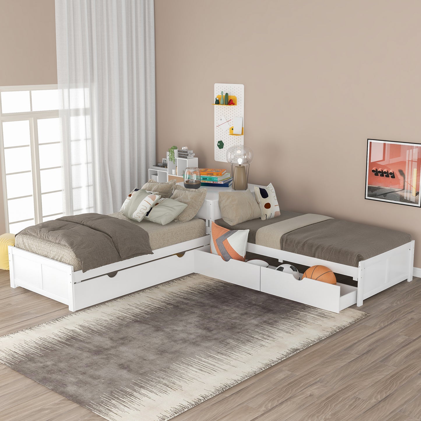 L-shaped Platform Bed with Trundle and Drawers Linked with built-in Desk,Twin,White