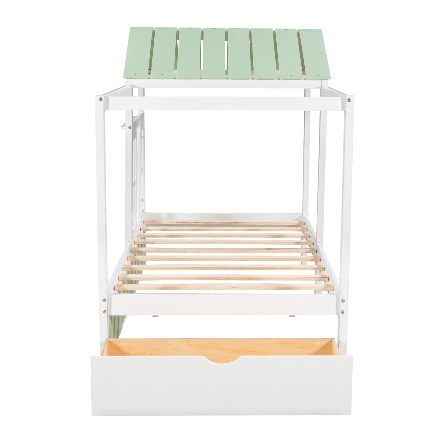 Twin Size House Bed with Roof, Window and Drawer - Green + White