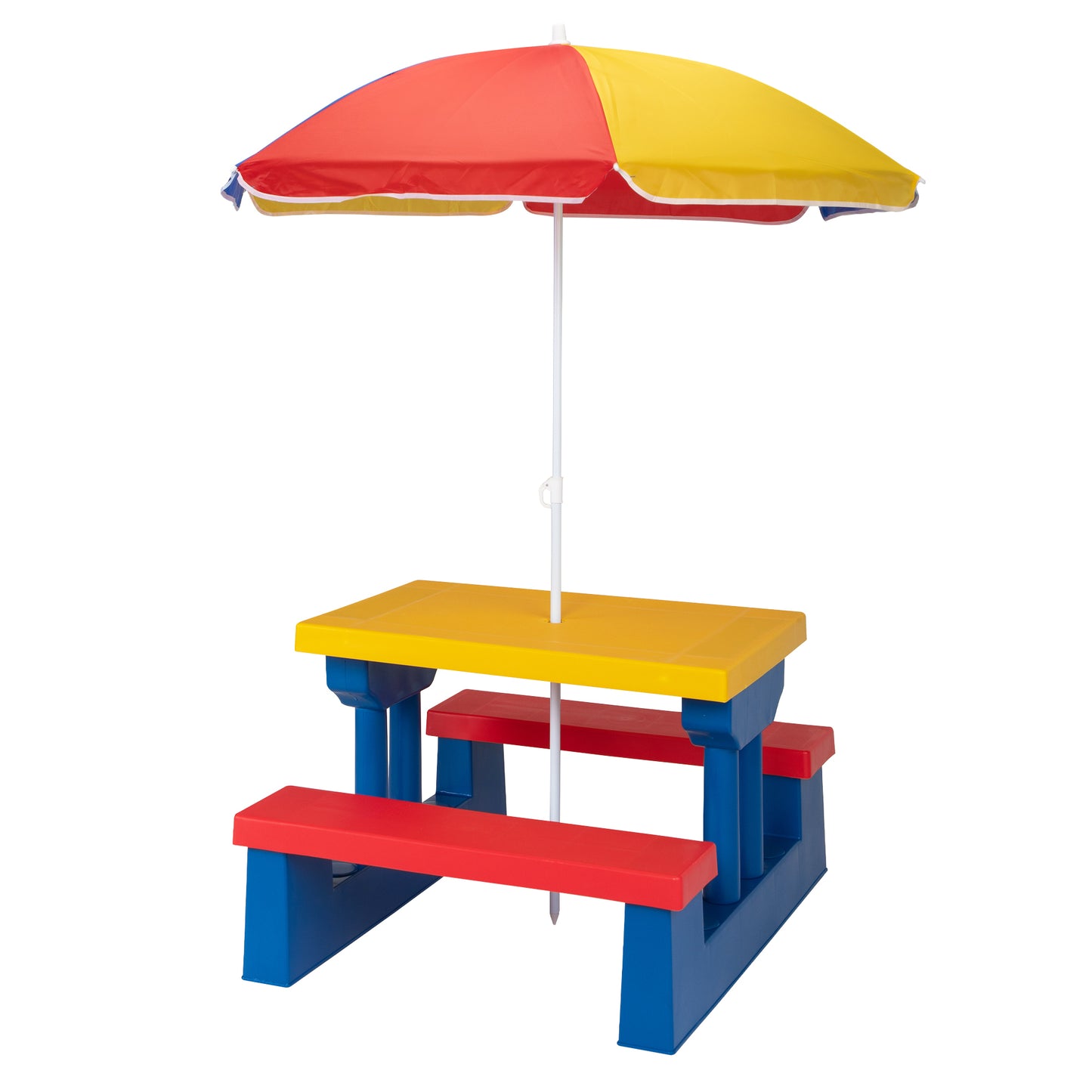 Kids Picnic Table with Removable Umbrella, Indoors and Outdoors Table and Bench Set for Toddlers, Garden Backyard, Red Yellow and Blue