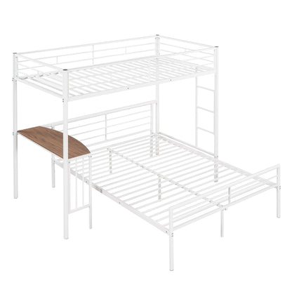 Twin Over Full Metal Bunk Bed with Desk, Ladder and Quality Slats for Bedroom, Metallic  White（OLD SKU :LP000092AAK）