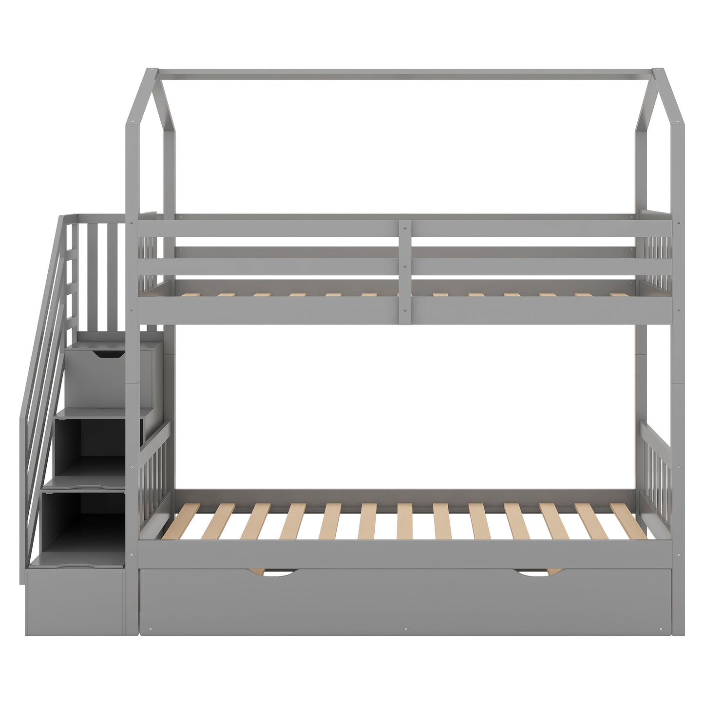 Multifunctional Twin over Twin House Bunk Bed with Staircase and Storage Space,Gray