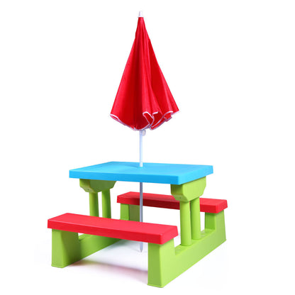 Kid Outdoor Picnic Table Set with Removable and Foldable Umbrella, Junior Activity Play Table with Bench, Multicolor