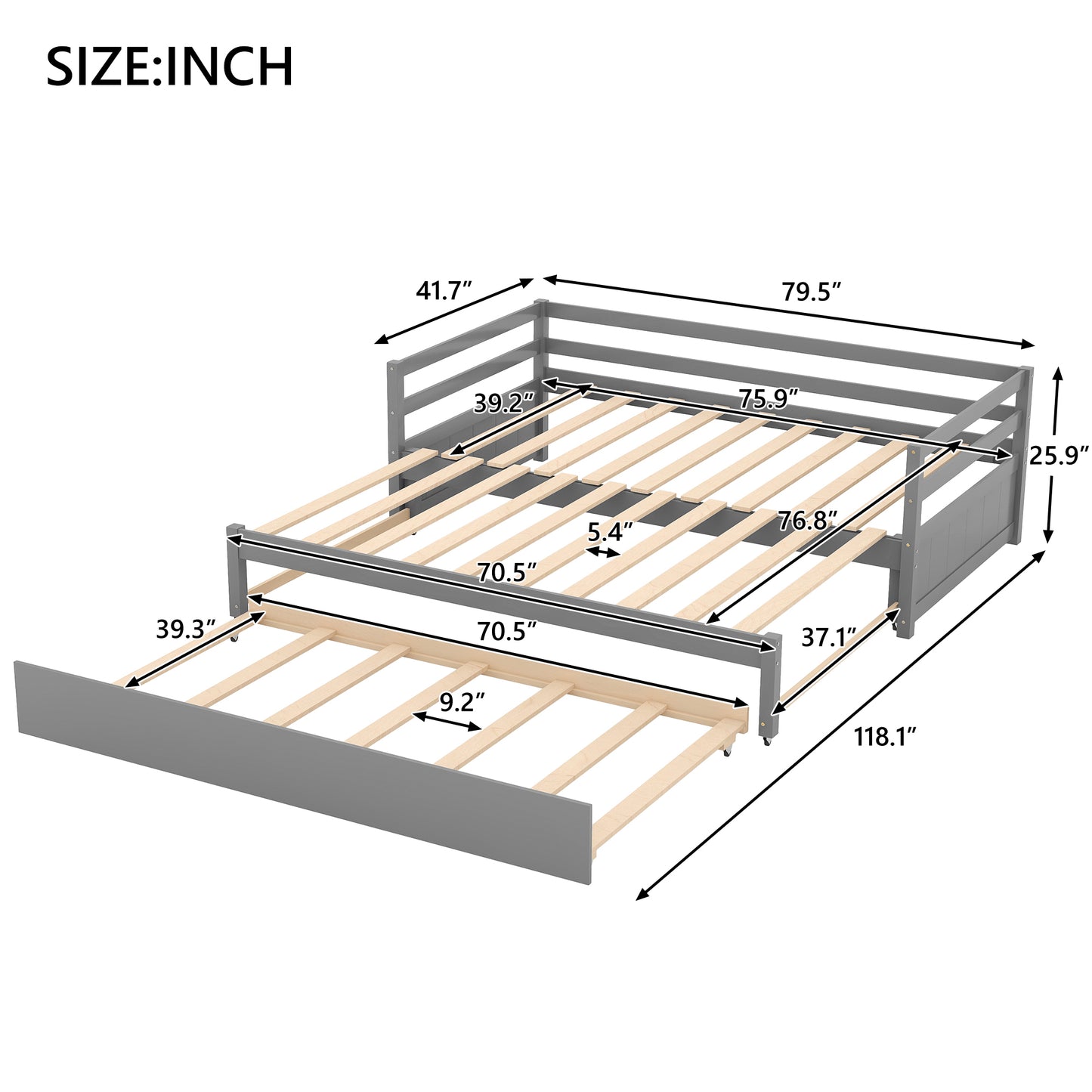 Twin or Double Twin Daybed with Trundle,Gray