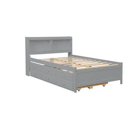 Full Bed with Bookcase,Twin Trundle,Drawers,Gray